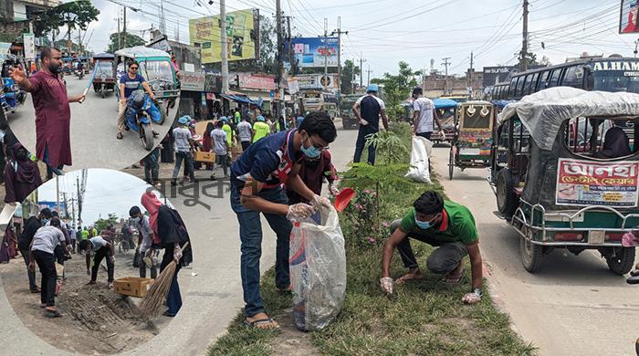 গাইবান্ধায় ট্রাফিক নিয়ন্ত্রণ আর পরিচ্ছন্নতা রক্ষায় ছাত্র-জনতার অভিযান