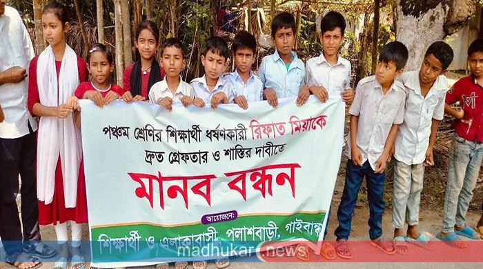 পলাশবাড়ীতে আসামীকে গ্রেফতারের দাবিতে শিশু শিক্ষার্থীদের মানববন্ধন।