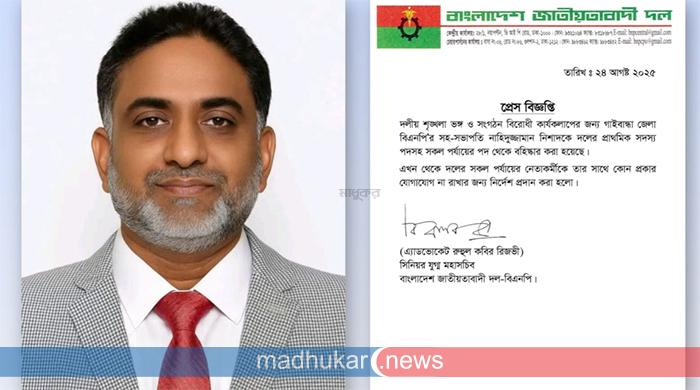 গাইবান্ধা জেলা বিএনপির সহ-সভাপতি নাহিদুজ্জামান নিশাদকে বহিষ্কার