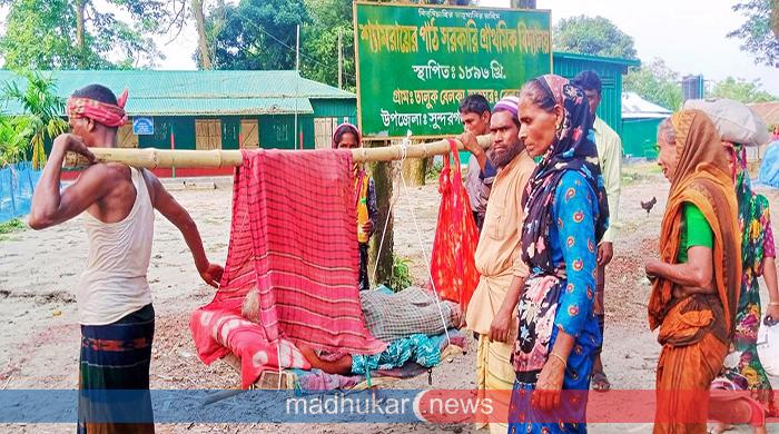 কাঠের তকতায় রোগী বহন, চরের স্বাস্থ্যসেবার অসহায় চিত্র
